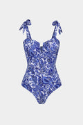 Retro Print V-Neck Tie-Up One-Piece Swimsuit