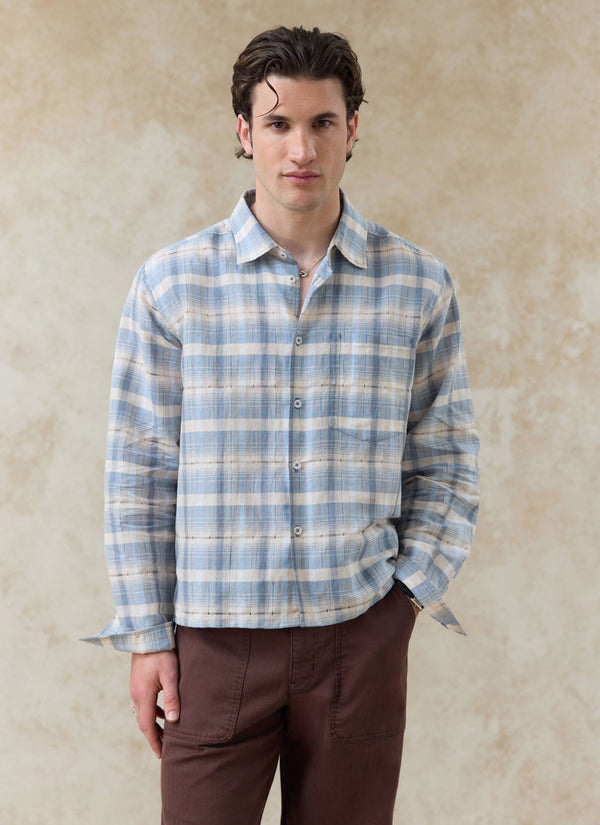 Hindley Boxy Shirt | Linen Cotton Blend, Light Blue Check