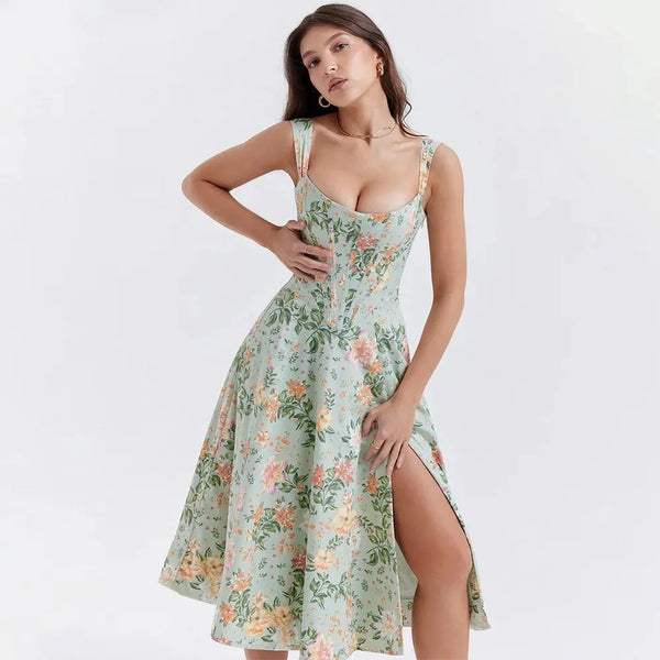 Mira Floral Midi Dress | Cotton, Corset-Inspired, High Slit, Wedding Guest & Summer Dresses