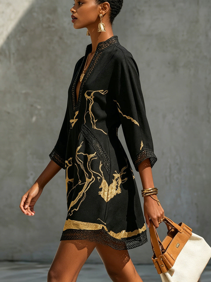 LL™ | Donatella | Black Mini Dress with Gold Marble Print & Crochet Lace