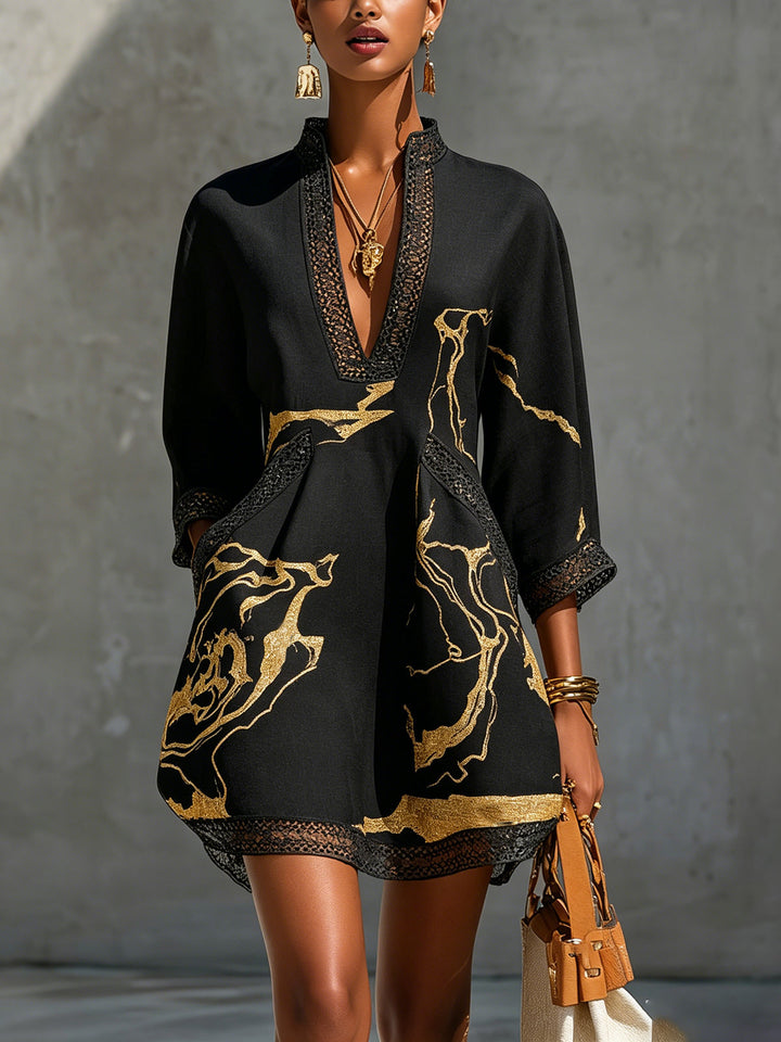 LL™ | Donatella | Black Mini Dress with Gold Marble Print & Crochet Lace