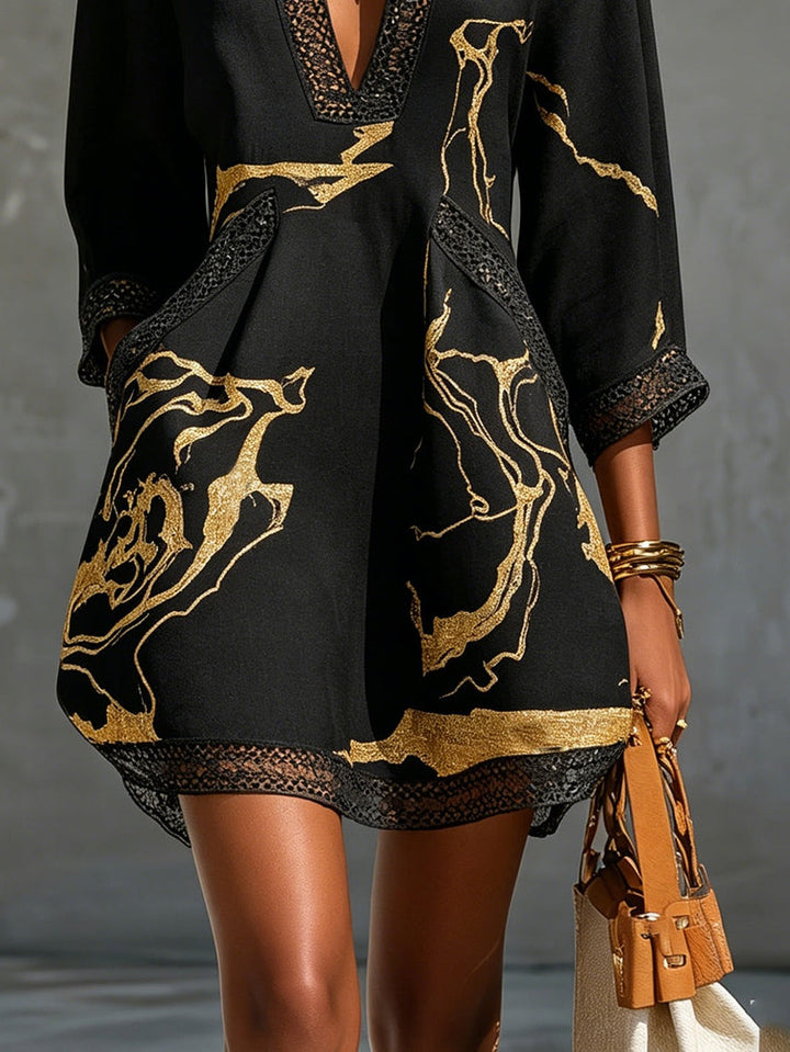 LL™ | Donatella | Black Mini Dress with Gold Marble Print & Crochet Lace