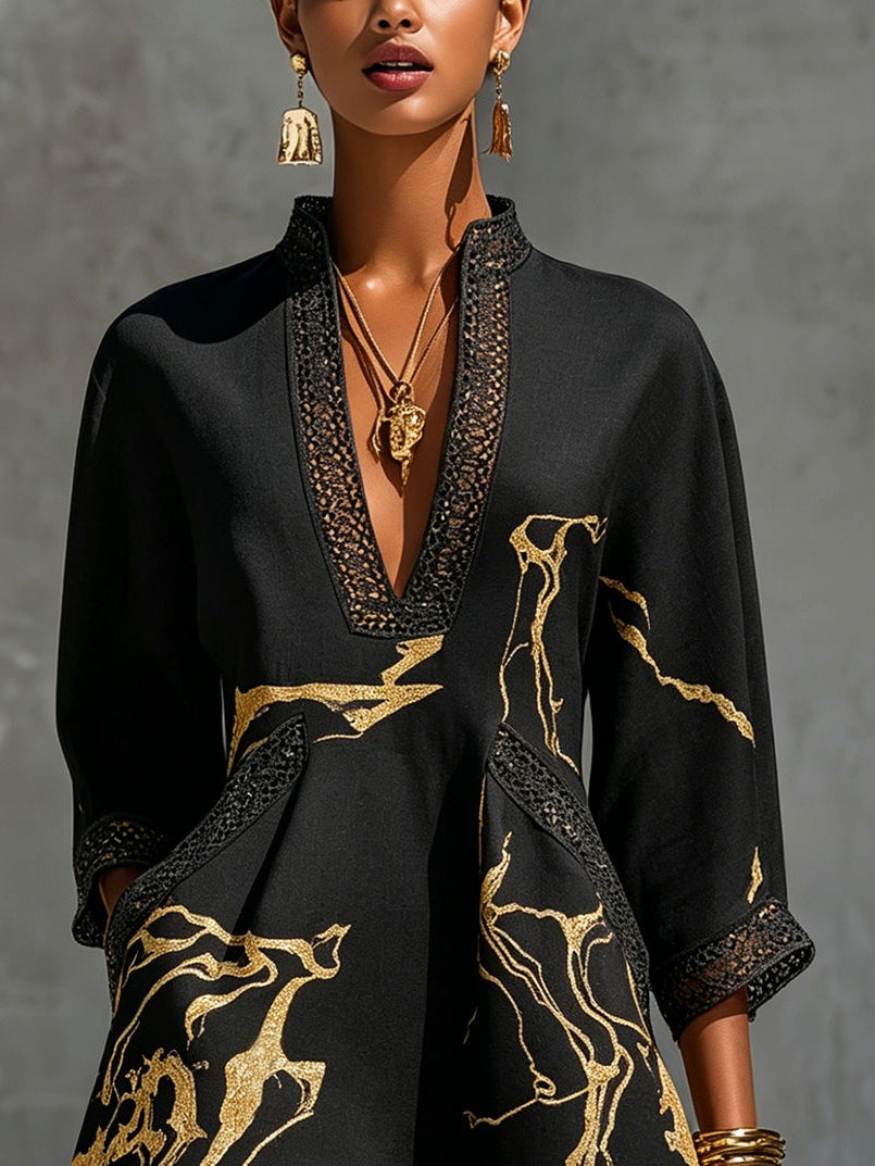 LL™ | Donatella | Black Mini Dress with Gold Marble Print & Crochet Lace