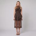 Aveline chocolate organza ruffled dress on model