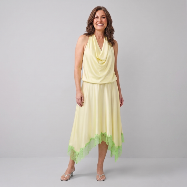 Elira key lime silk halter dress on model