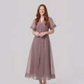 Elysia mink organza A-line midi dress on model