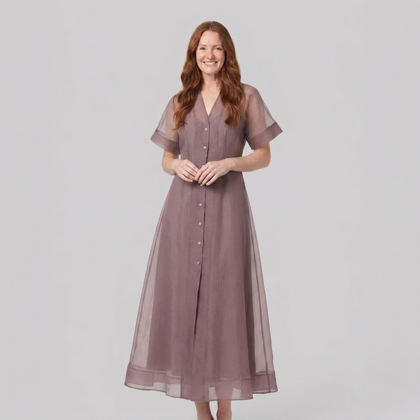 Elysia mink organza A-line midi dress on model