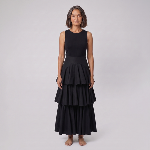 Rielle black tiered maxi skirt on model