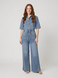 Aero denim wide-leg jumpsuit in blue, front