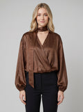 Alexia brown satin tie-neck blouse front on model