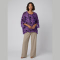 Aqua Ruffle Blouse purple floral bird print