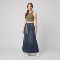 Arielle indigo blue denim A-line maxi skirt on model