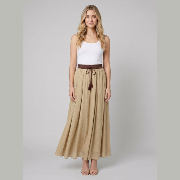 Ava A-line maxi linen skirt khaki beige on model