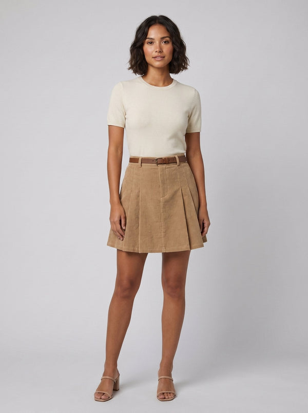 Belgravia corduroy pleated mini skirt in beige