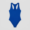 Bella deep-V racerback bodysuit blue flat lay