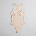 Bella deep-V racerback bodysuit wheat flat lay