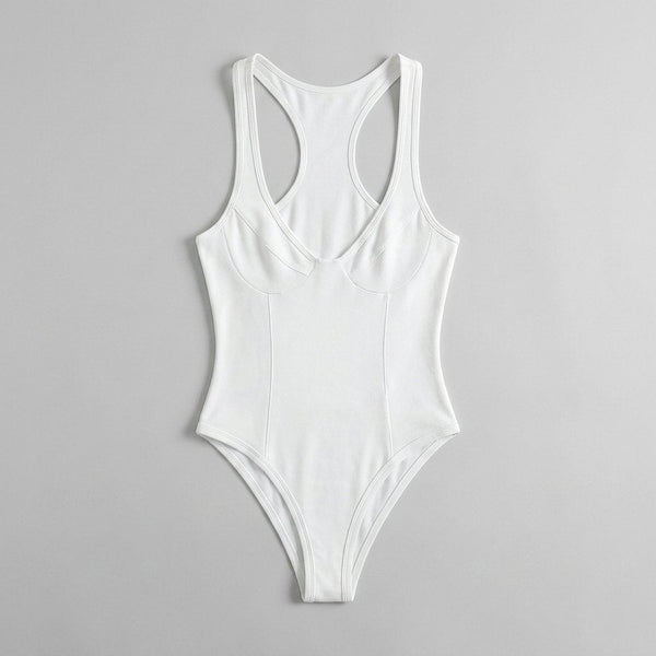 Bella deep-V racerback bodysuit white flat lay