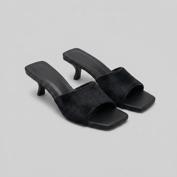 Bella black calf hair stiletto mule sandals