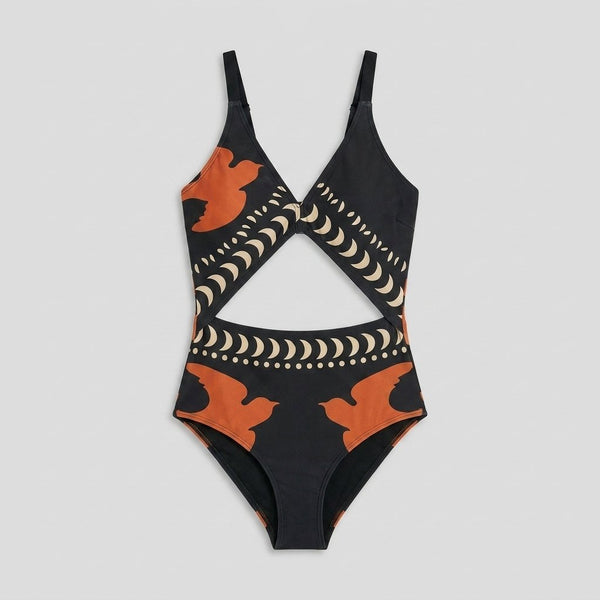 Black bird print one-piece swimsuit front flat-lay