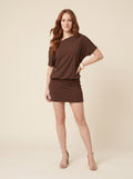 Bristol Mini Dress | Brown Stretch Jersey, Off Shoulder Party Dress for Women