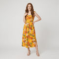Capri yellow tropical floral sundress on model