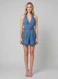 Celeste blue denim halter mini dress front on model