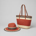 Chic straw hat and handbag set terracotta cream