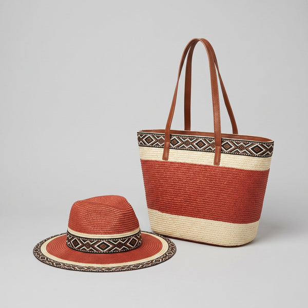 Chic straw hat and handbag set terracotta cream