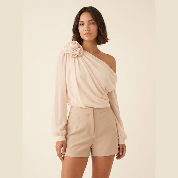 Chic one shoulder chiffon blouse apricot