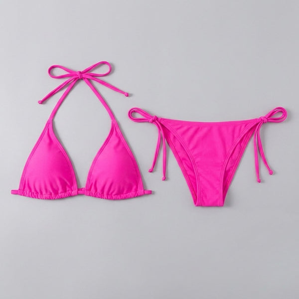 Bright pink bikini set front flat-lay