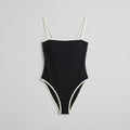 Black one-piece swimsuit front flat-lay
