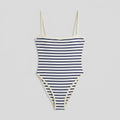 Blue striped one-piece swimsuit front flat-lay