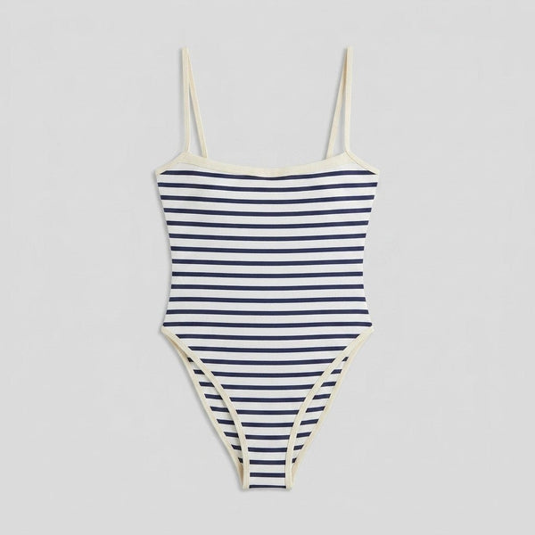 Blue striped one-piece swimsuit front flat-lay