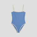 Blue one-piece swimsuit front flat-lay