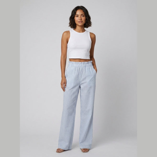 Cora white tank and blue stripe pants set, front view on model