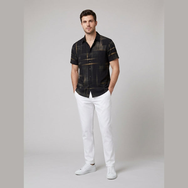 Crisp | Mens Short Sleeve Button Up Silk-Feel, Geometric Pattern