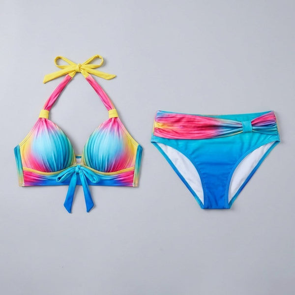 Multicolor high-waisted bikini set front flat-lay