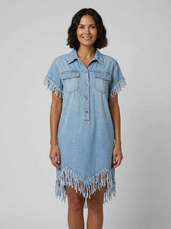 Dara light blue vintage denim mini shirt-dress front