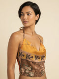 Dela halter cowl-neck top in mustard brown floral