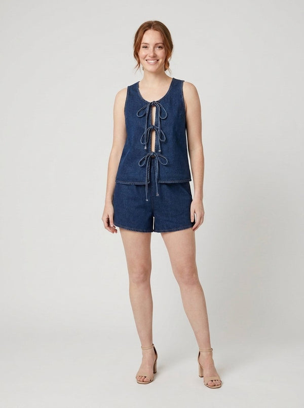 Doretta denim tie set navy on model