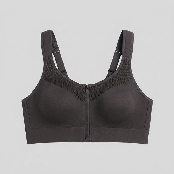 Elysia Sports Bra charcoal front zipper flat-lay