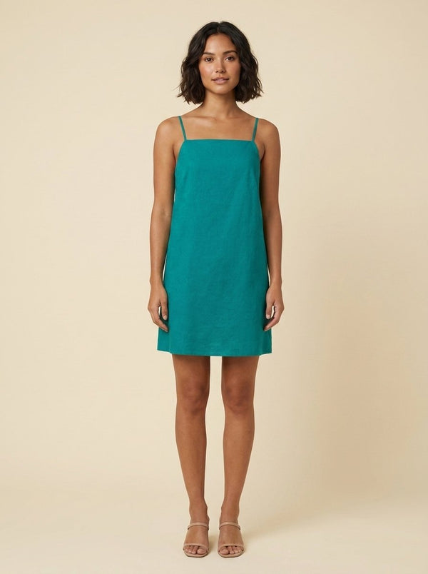Elysia teal linen shift dress front