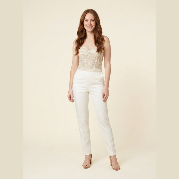 Elysian corset jumpsuit ivory front on model