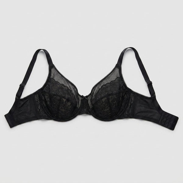 Black full-coverage lace minimizer bra flat-lay