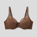 Coffee brown full-coverage lace minimizer bra flat-lay