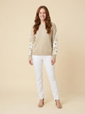 Fleur beige floral-sleeve knit sweater front on model