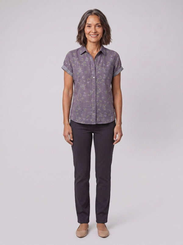Fleur vintage blouse purple floral print - front view on model