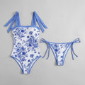 Blue floral bikini set front flat-lay