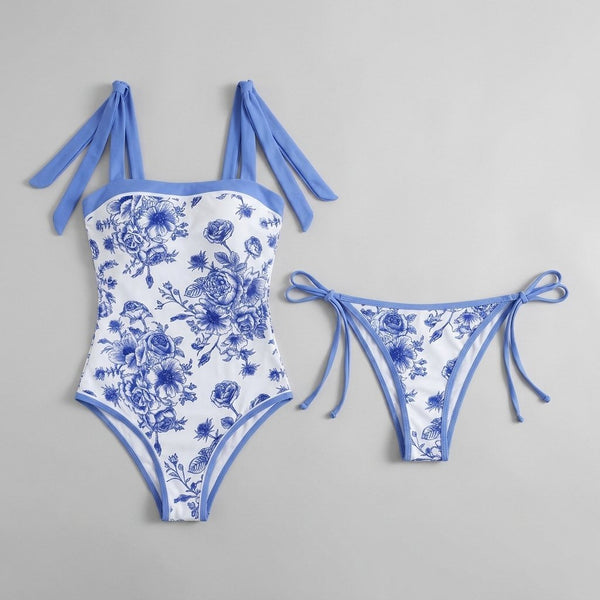 Blue floral bikini set front flat-lay