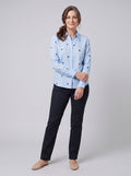 Flora women's cotton linen top blue - front view on model